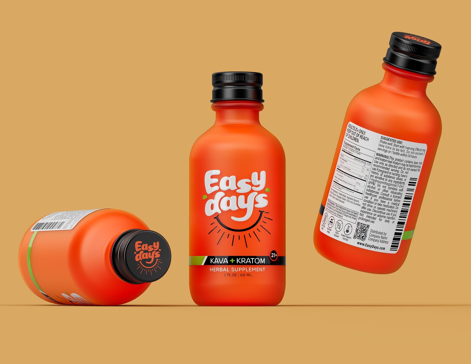 Three Easy Days Kava + Kratom herbal supplement bottles on a warm caramel background