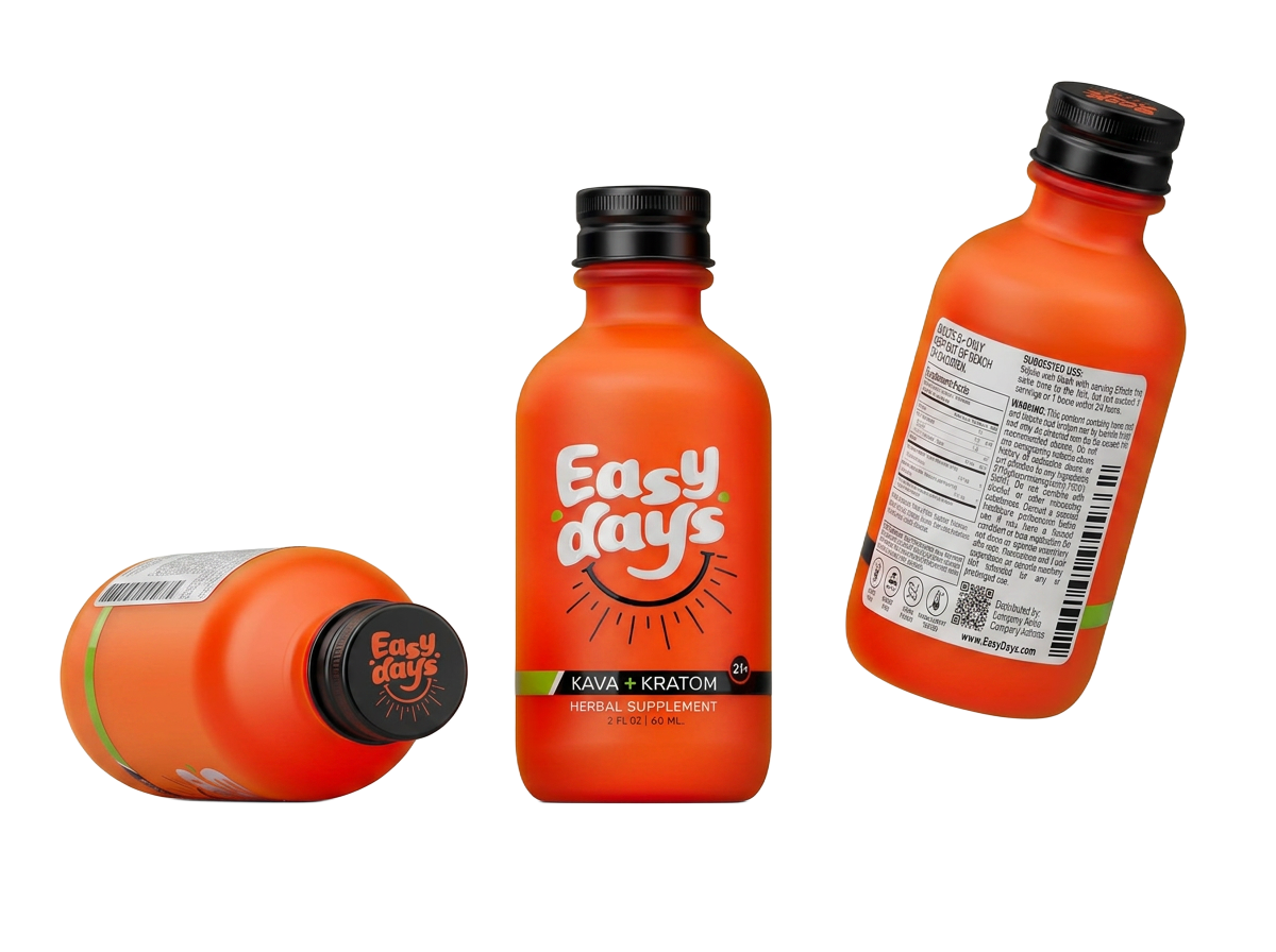 Three Easy Days Kava + Kratom herbal supplement bottles floating freely