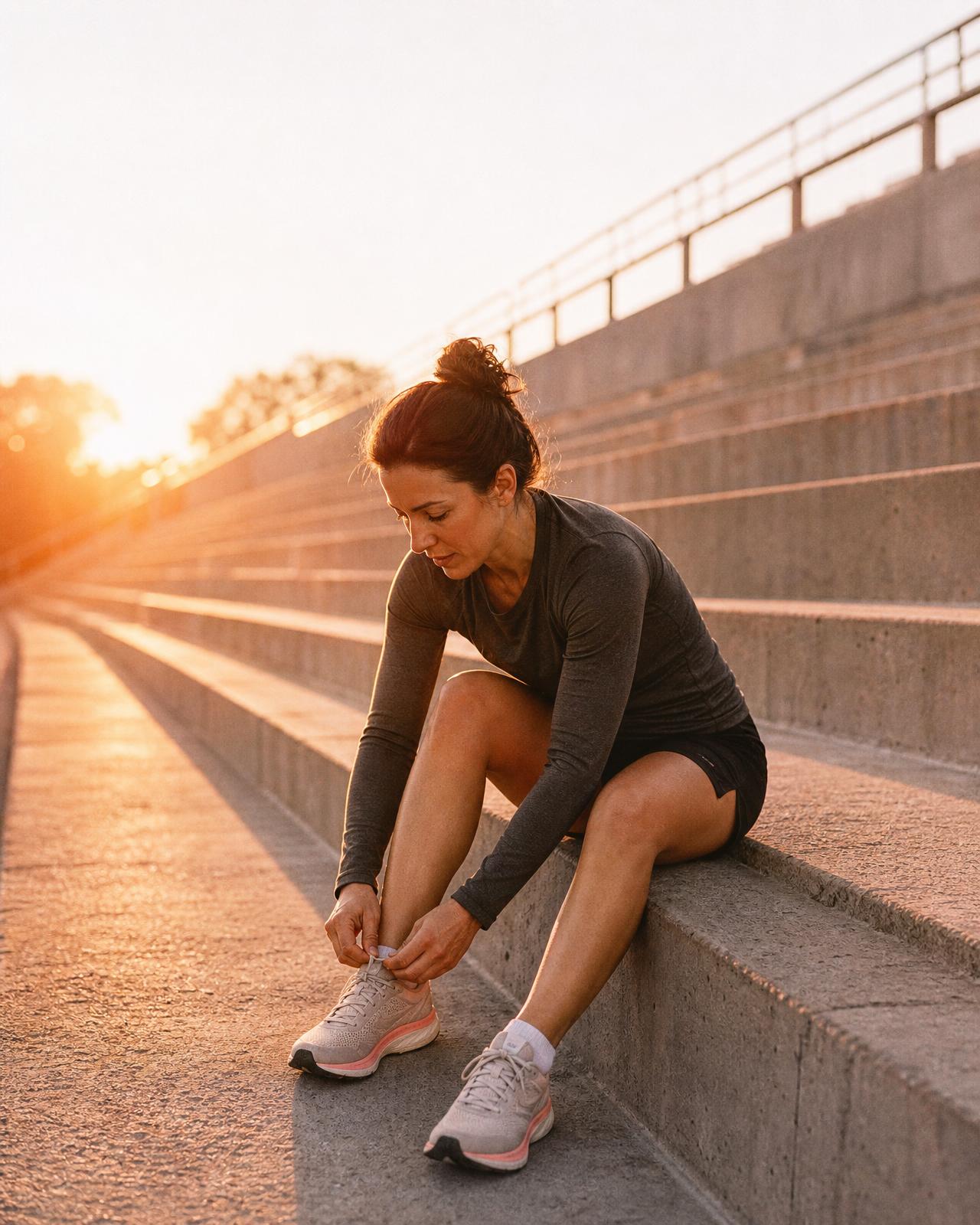 A woman runner lacing her shoes on stadium steps at sunrise