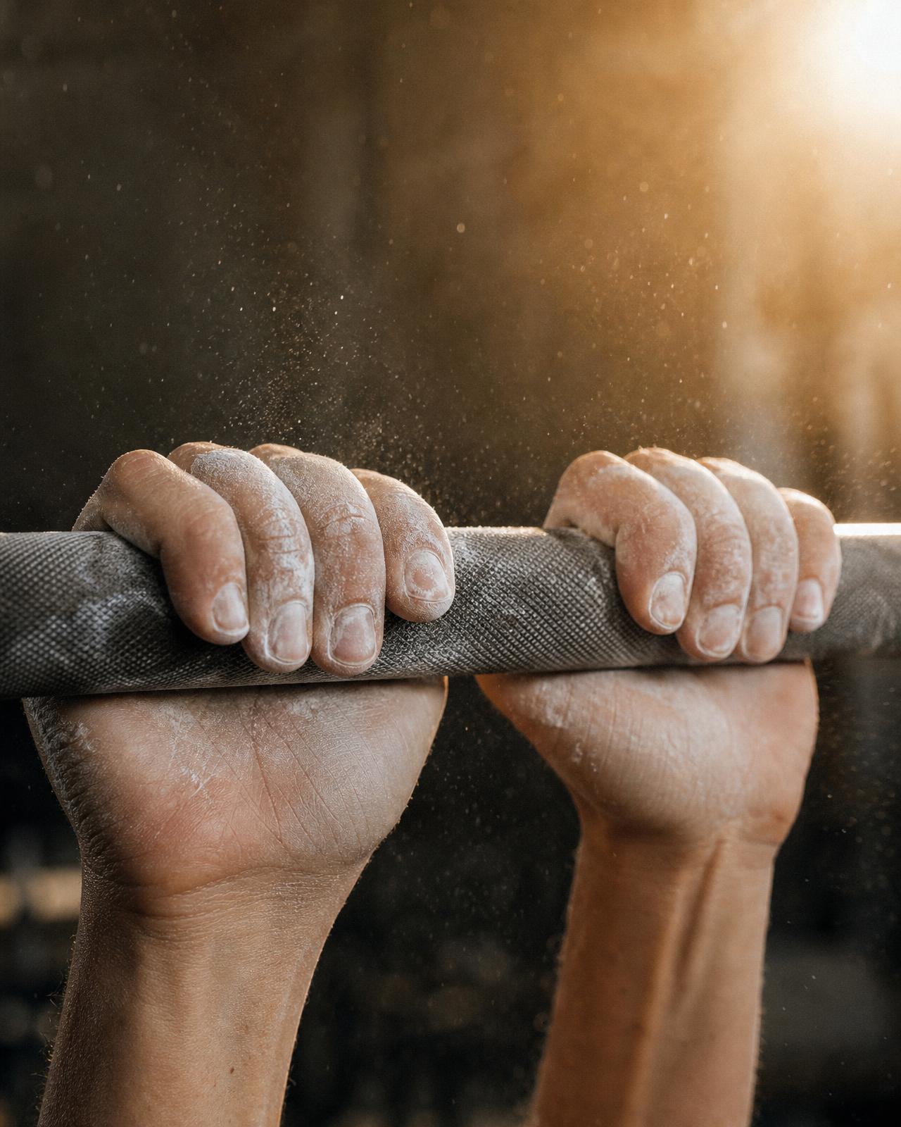 A woman chalking her hands before a barbell lift in a gritty gym