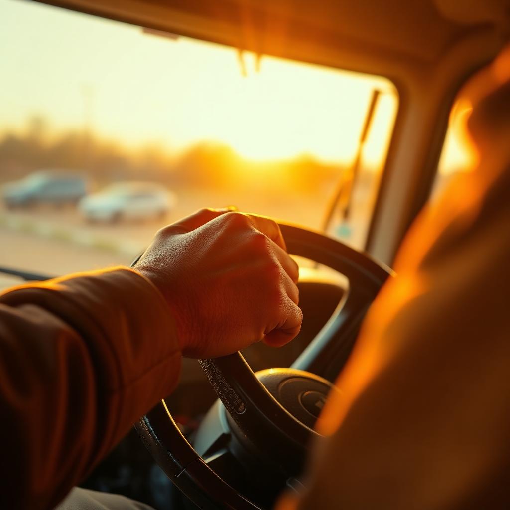 A worker's hands on a steering wheel at dawn