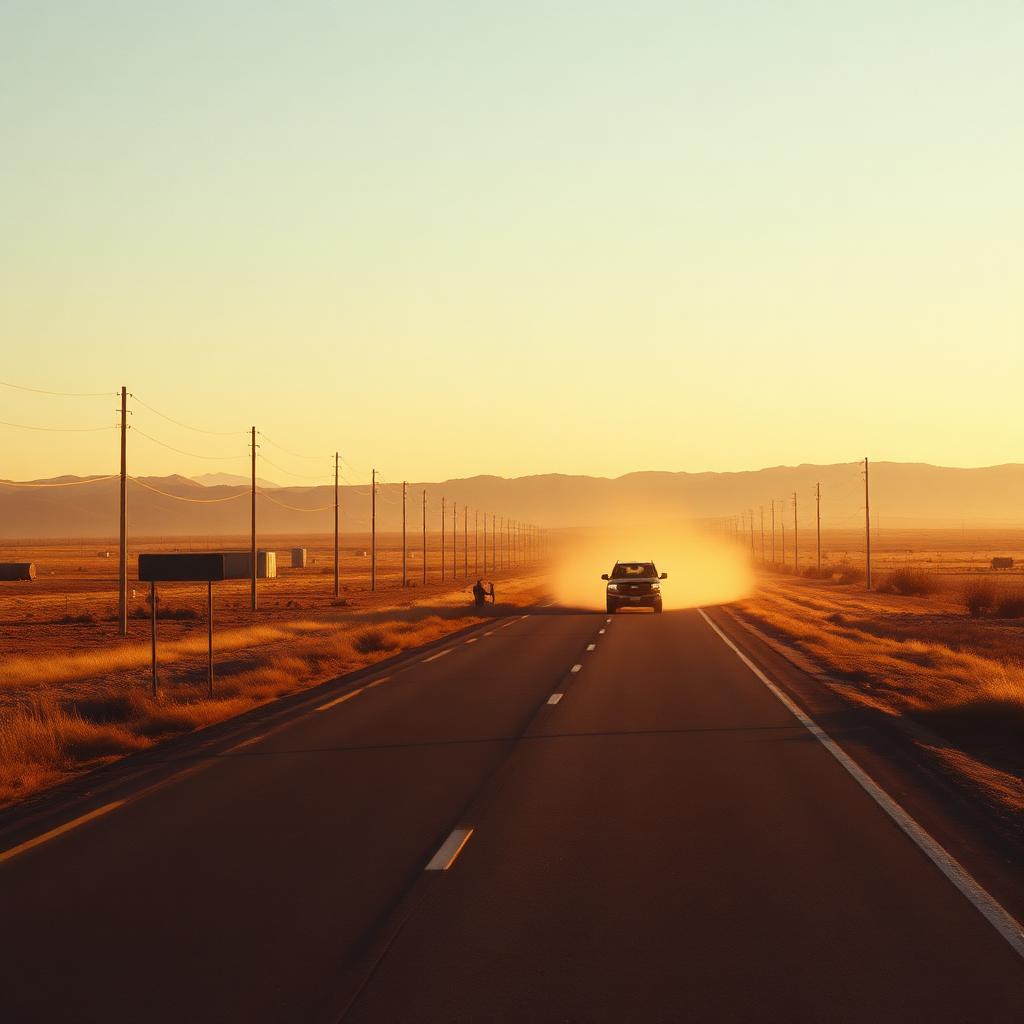 A rural American highway at golden hour sunrise with a truck in the distance