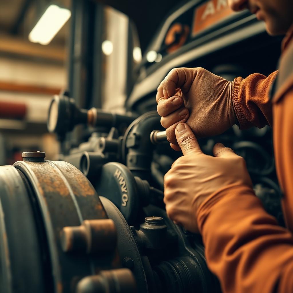 A mechanic's hands working on an engine in a garage