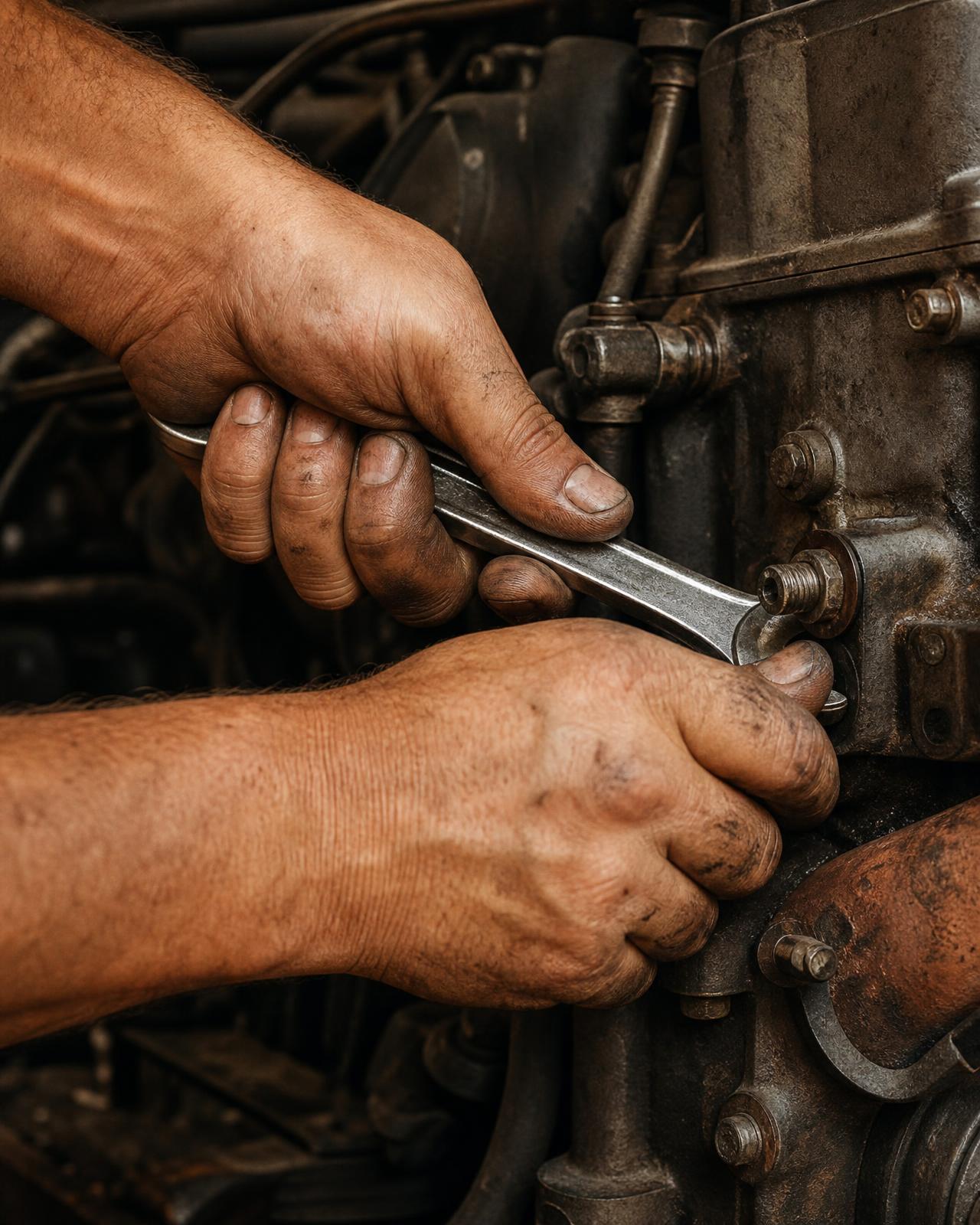 A mechanic's hands working on an engine in a garage