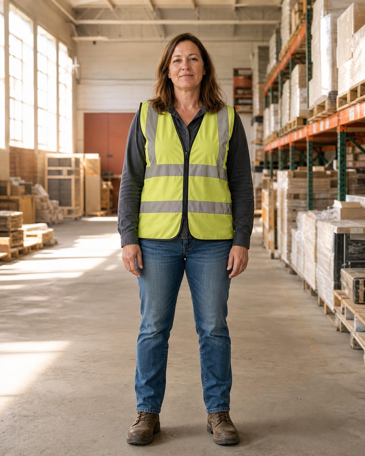 Two women mid-shift walking through a sunlit warehouse loading dock