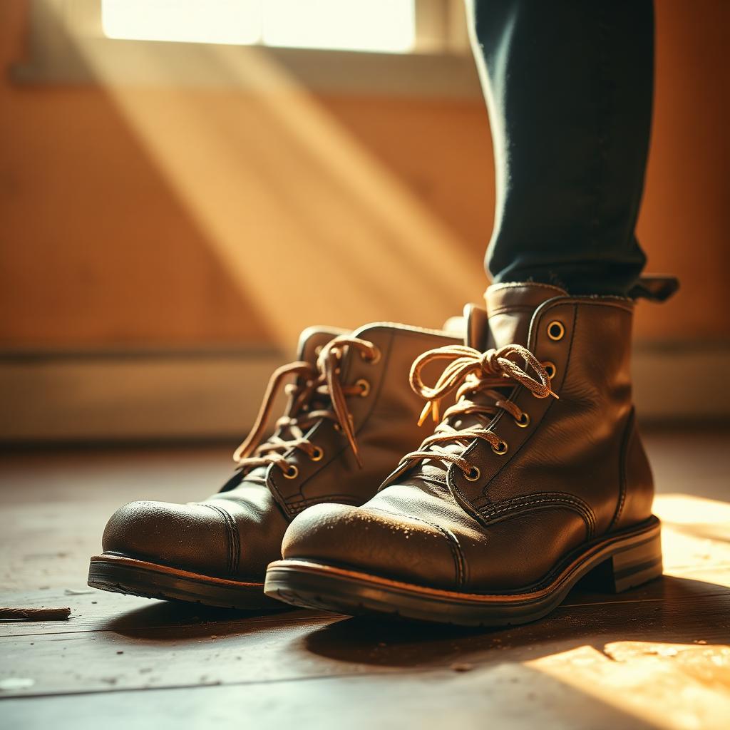 Worn leather work boots on a wooden floor in warm morning light